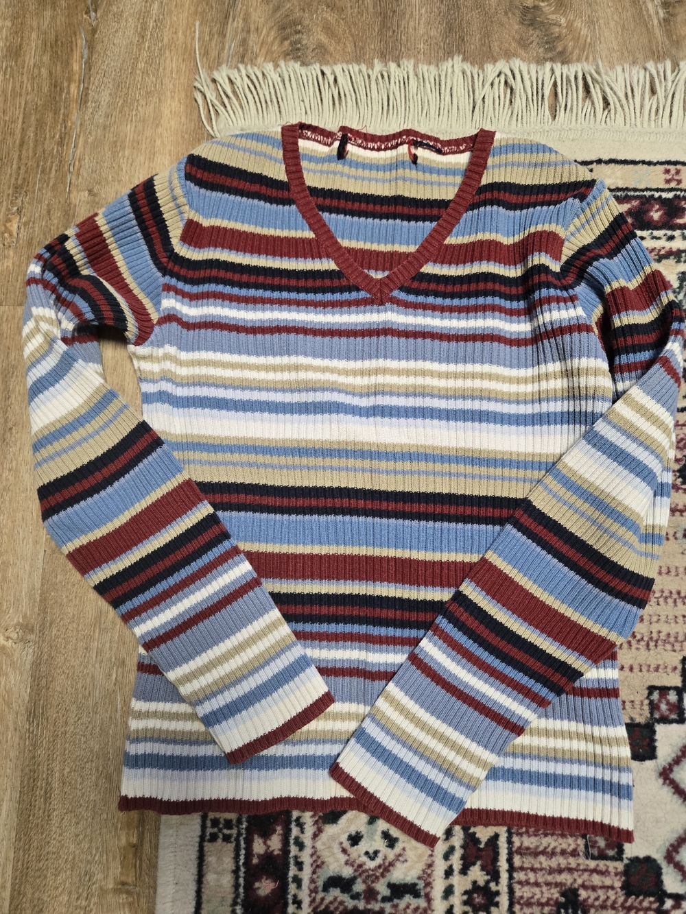 Striped Ribbed V-Neck Sweater in Blue, Burgundy, Cream